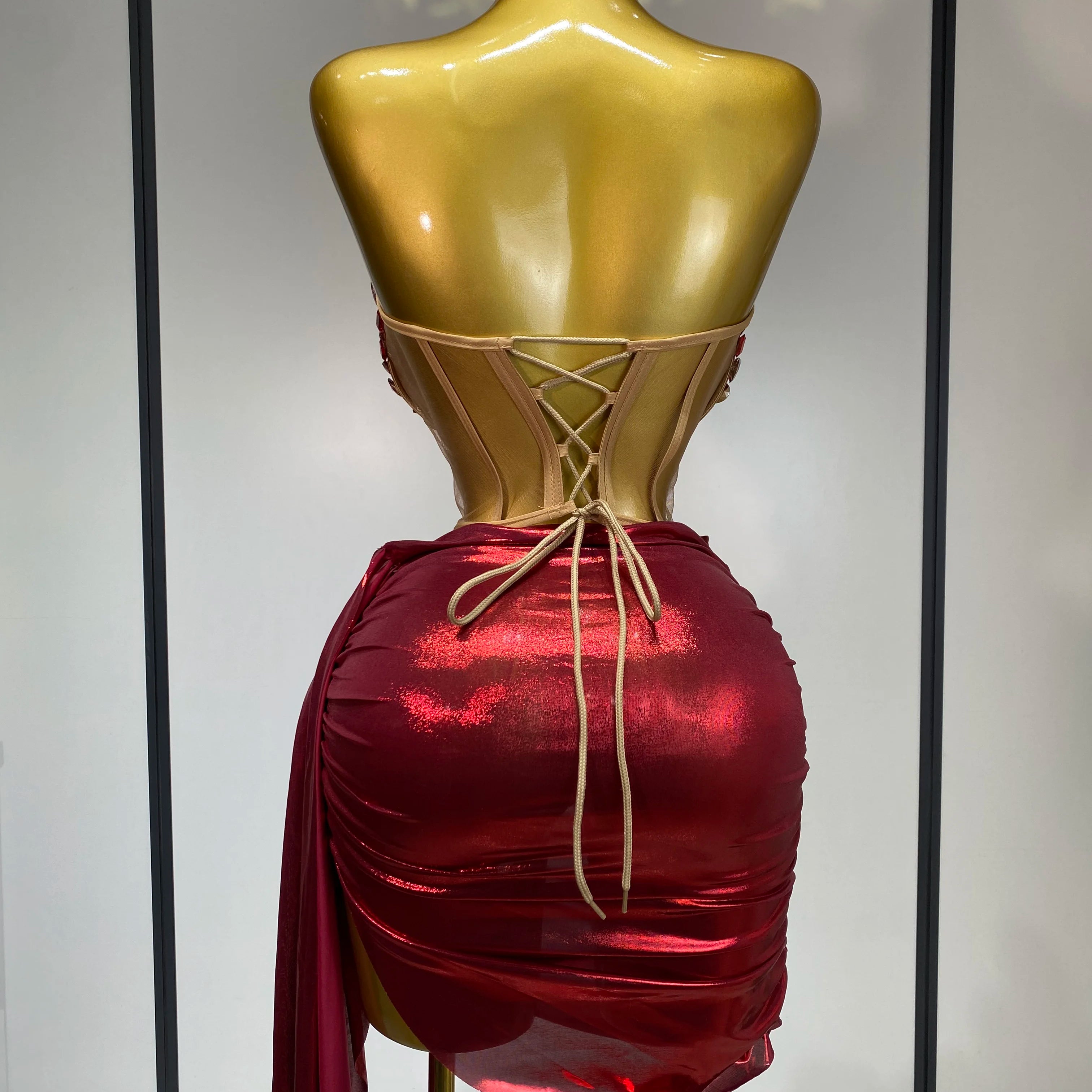 Sparkly Red Diamond Sexy Top Two Pieces Set Women Celebrate Party Luxury Birthday Nightclub Performance Dancer Stage Outfit