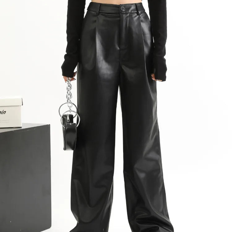 Straight Leather Pants Women High Waist PU Leather Trousers Baggy Black Female Streetwear Clothing New Fashion Ladies