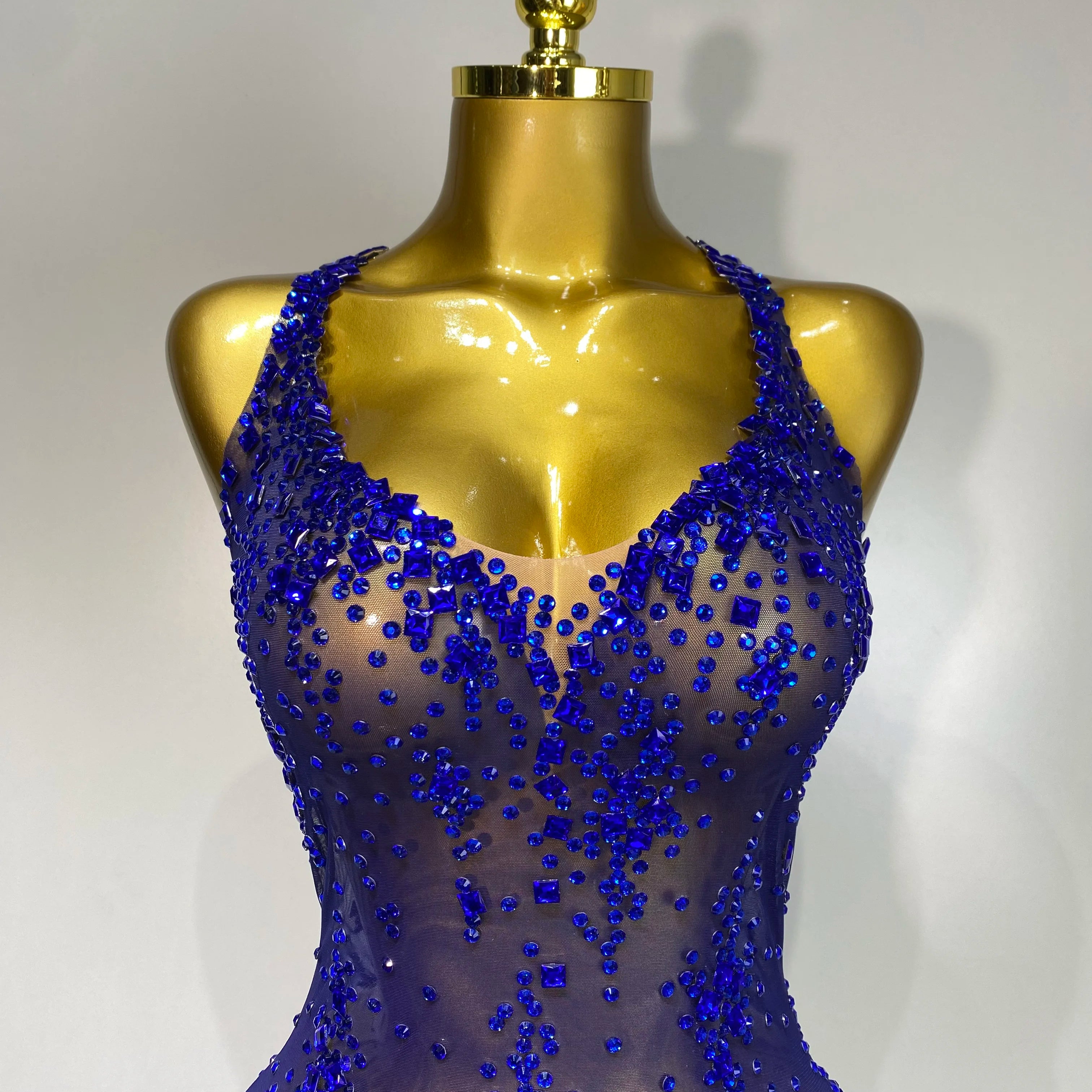 Women Sexy Luxury Birthday Prom Gowns Sparkly Diamond See Through Mesh Stretch Asymmetrical Dress Celebrity Elegant Stage Outfit