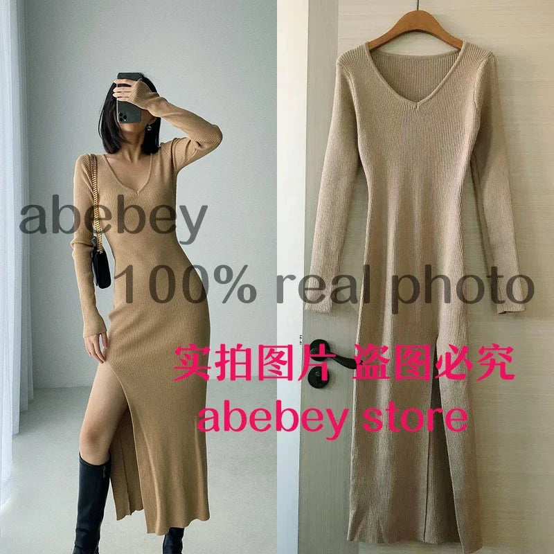 spring and winter sexy French slit sweater dress female slim tight-fitting hip-knit over-the-knee dresses khaki dress