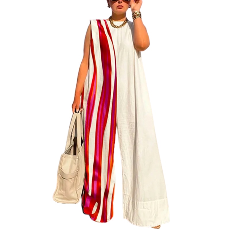 Yeezzi 2024 New Fashion Striped Contrast Color Wide Leg Jumpsuits Summer Sleeveless Going Out One Piece Outfit For Women