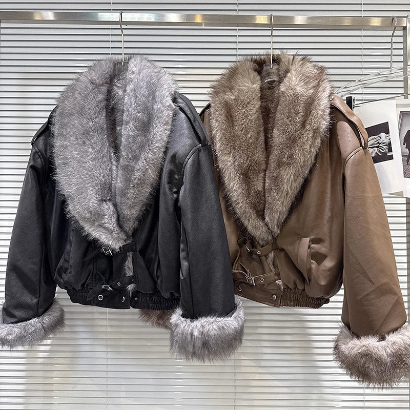Winter New Fashion Street Style Big Fur Collar PU Leather Jacket For Women Loose With Fur Lining Coat Female 11A07643