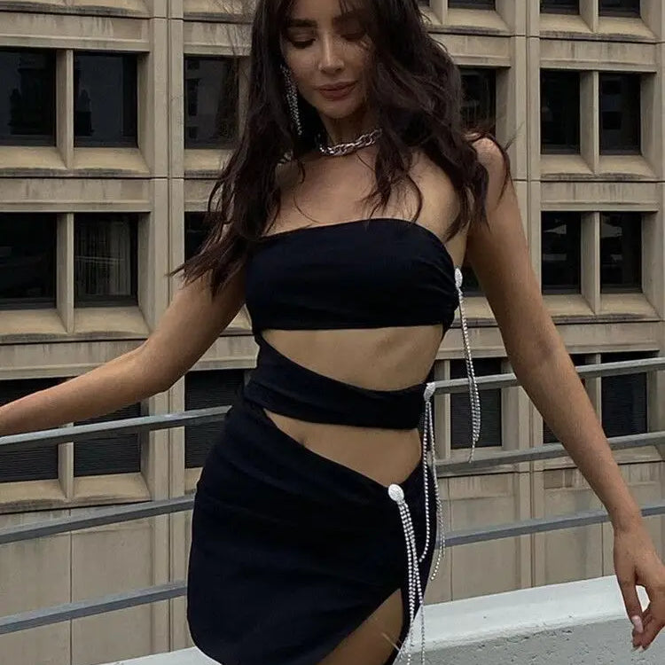 STOCK Hot Sexy Hollow Out Shining Diamonds Long Tassel Strapless Sleeveless Split Mini Dress Hotsweet Lady Summer Party Vestido