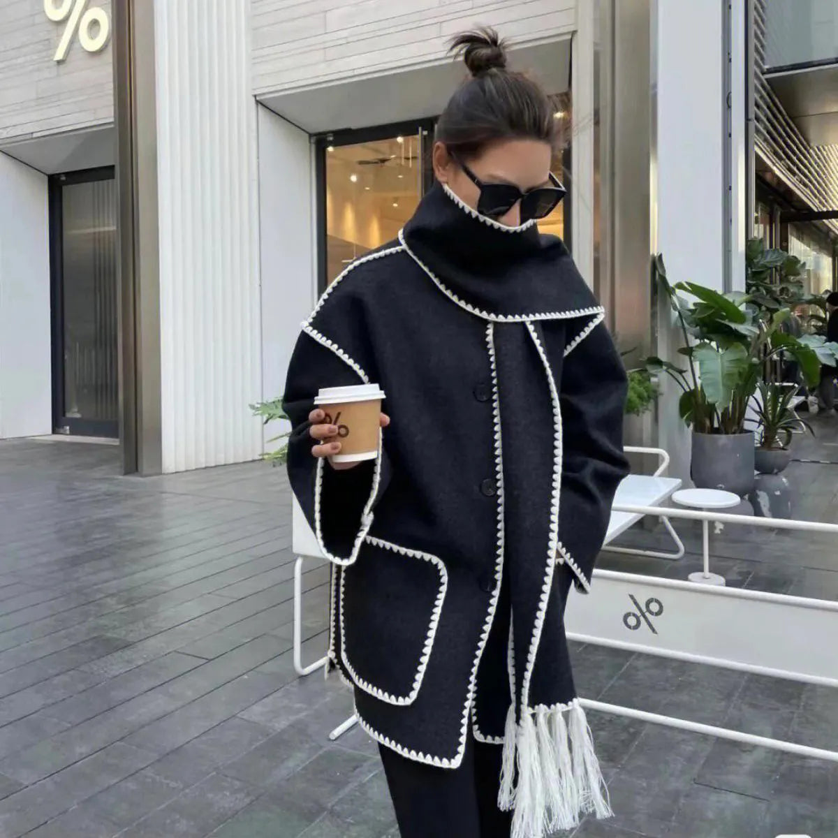 Women Woolen Coats with Tassel Scarf Autumn Winter Long Sleeve Single Breasted Warm Jackets Embroidery Pocket High Street Tops