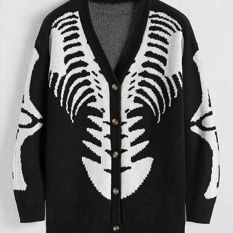 ZAFUL Men's Sweater Cardigan for Halloween Skeleton Pattern Button Fly Cardigans Autumn Winter V-Neck Long Sleeves Sweater Coats
