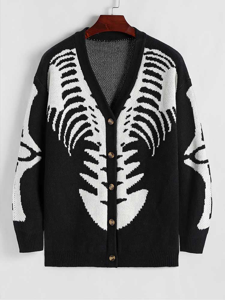 ZAFUL Men's Sweater Cardigan for Halloween Skeleton Pattern Button Fly Cardigans Autumn Winter V-Neck Long Sleeves Sweater Coats