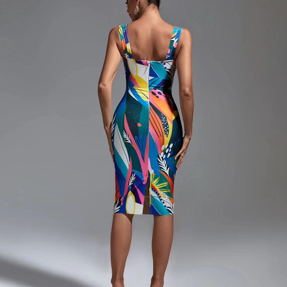 Women Sleeveless Sexy Square Collar Colorful Print Bodycon Mini Bandage Dress Nightclub Party Birthday Dress