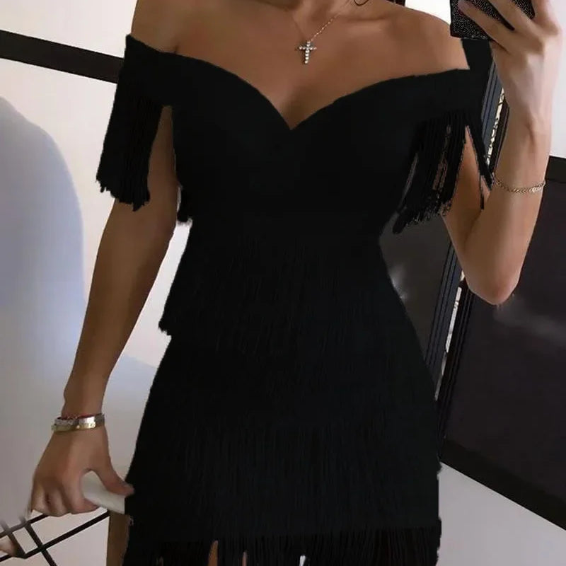 New Winter Women Solid Slash Neck Sleeveless Dress Empire Tassel Sheath Mini Dress Sexy Night Club Wear Bandage Dresses LZR3399 black