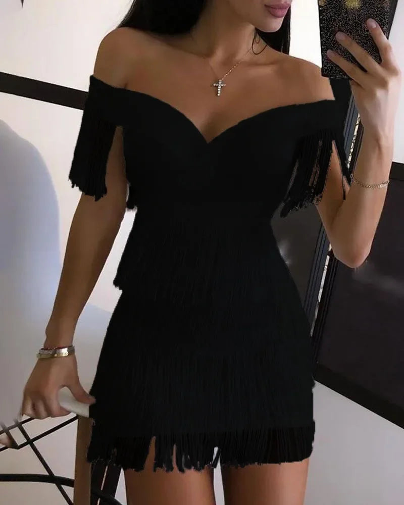 New Winter Women Solid Slash Neck Sleeveless Dress Empire Tassel Sheath Mini Dress Sexy Night Club Wear Bandage Dresses LZR3399 black