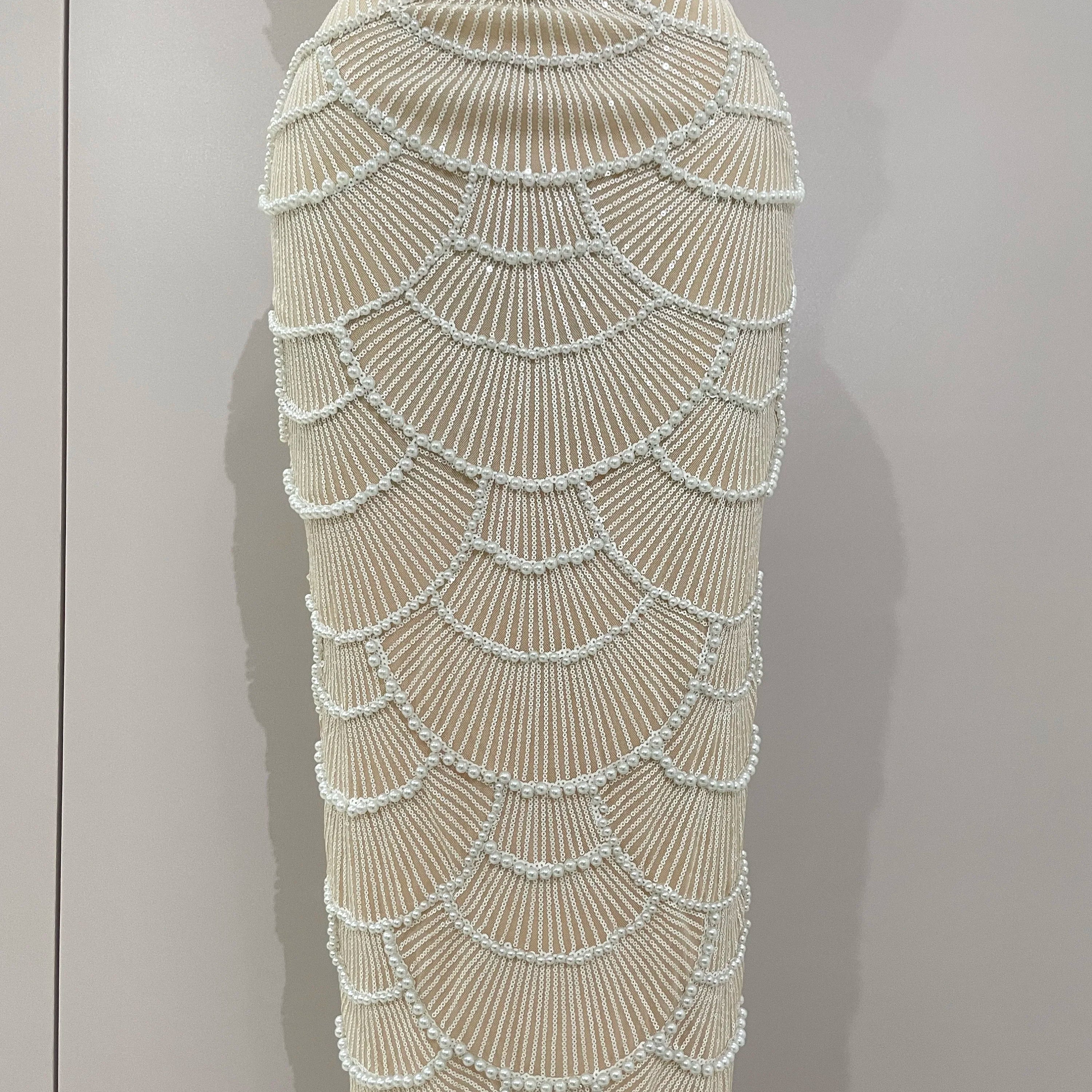 Women Hot Sale Sleeveless Sexy Strap Pearl Beading Sequins Bodycon Long Dress Celebrate Evening Party Birthday Outfit Vestido