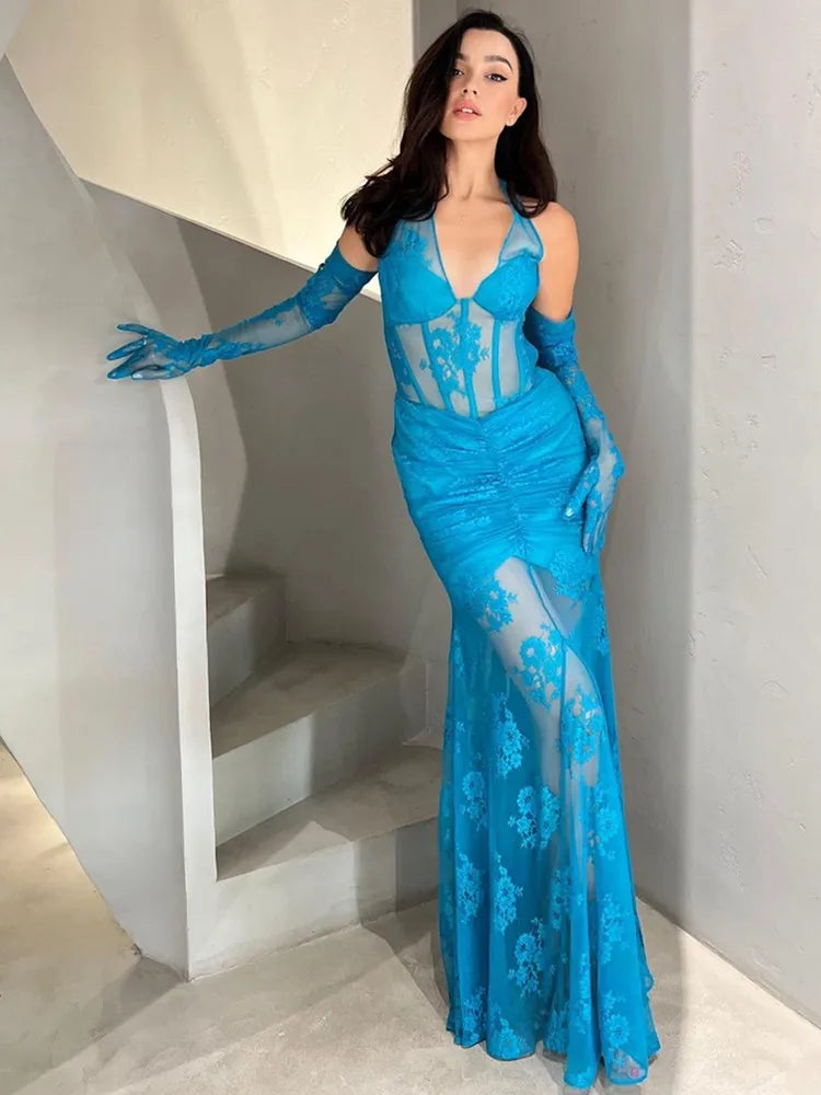Luxury Women Celebrity Sexy Deep V Neck Backless Blue Black Lace Maxi Long Bodycon Dress 2024 Elegant Evening Club Party Dress SKY BLUE