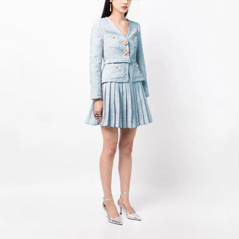 Solid Slimming Two Piece Sets for Women V Neck Long Sleeevs Spliced Button Top High Waist Pleated Skirts Set Female