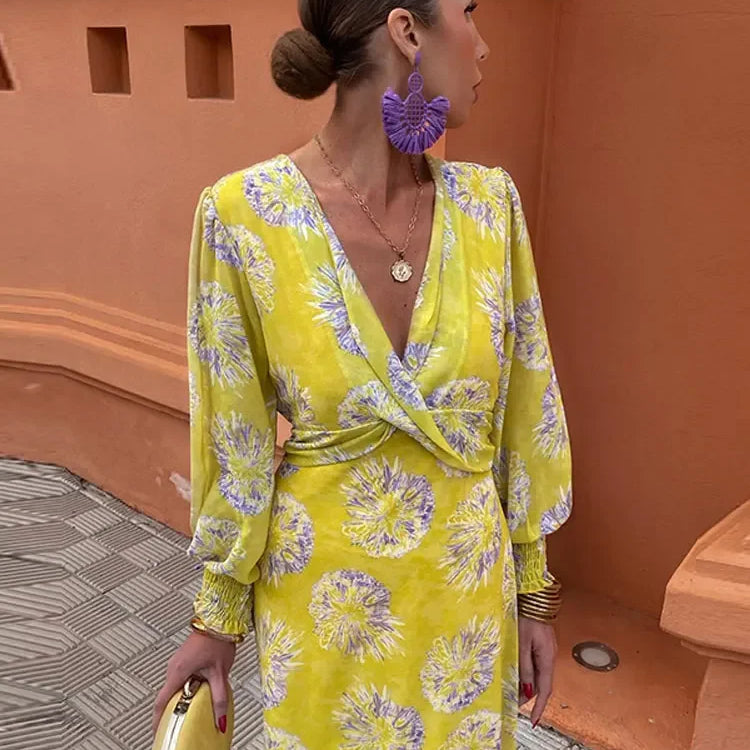 Elegant Flower Print Maxi Dress For Women Fashion Pleated V-neck Long Sleeve Slim Robe Spring New Lady High Street Vestidos Yellow