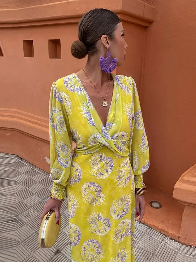 Elegant Flower Print Maxi Dress For Women Fashion Pleated V-neck Long Sleeve Slim Robe Spring New Lady High Street Vestidos Yellow