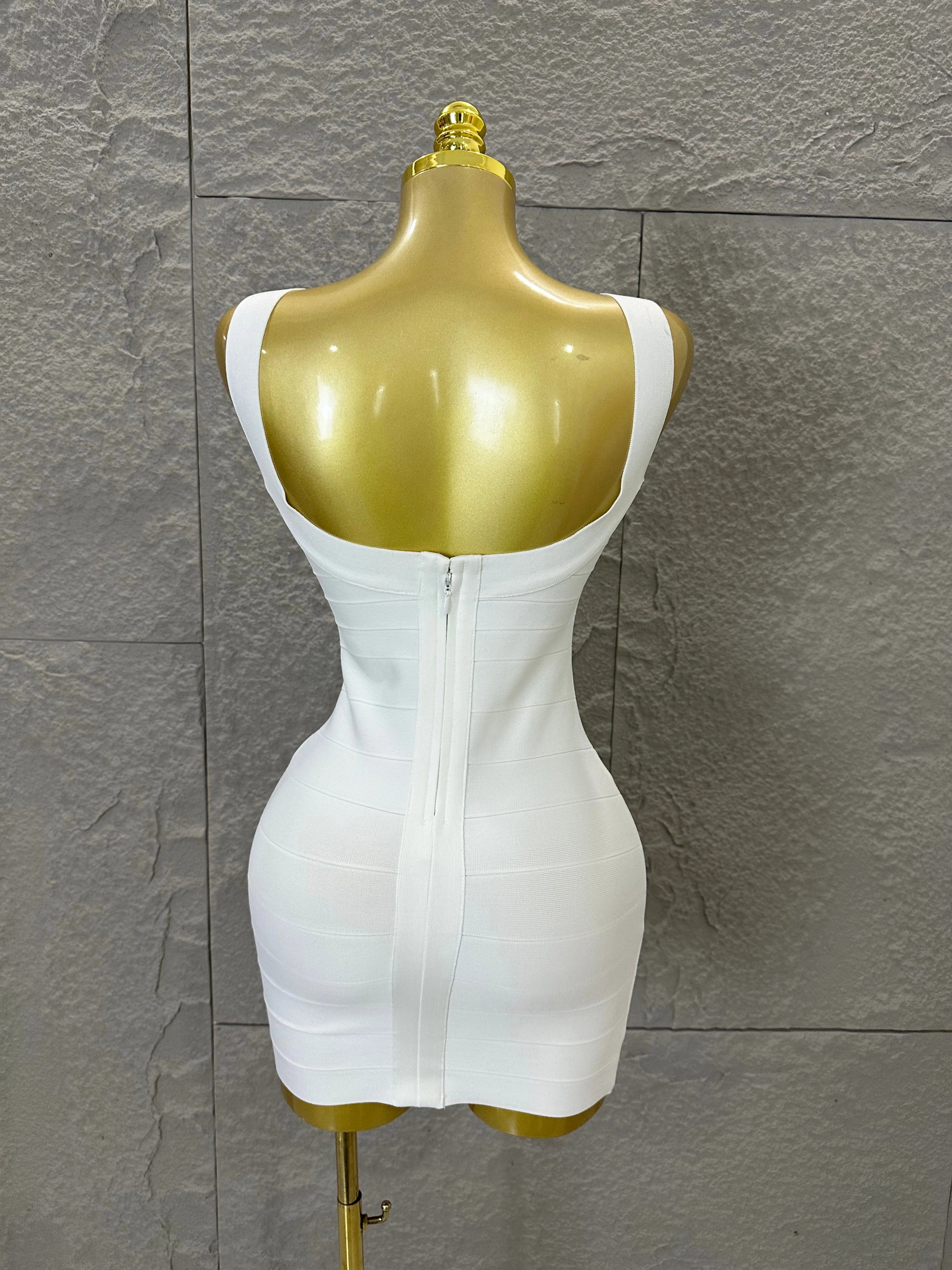 Elegant White Bandage Mini Dress Women Sexy Scoop Neck Sleeveless Bodycon Evening Party Cocktail Party Costume
