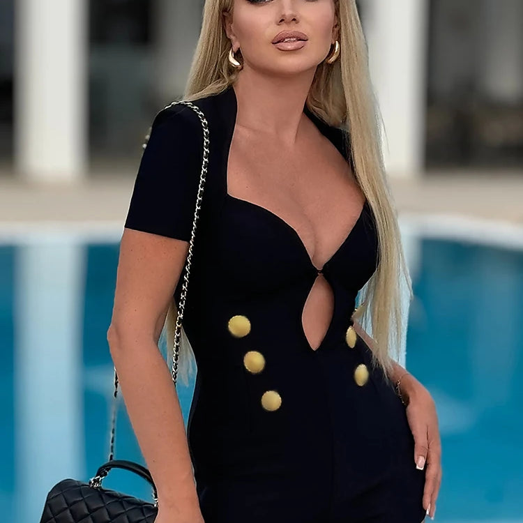 2024 Summer New Women's Black Structured Romper Cut Out Short Sleeves Gold Button Details Bandage Bodycon Short Jumpsuit