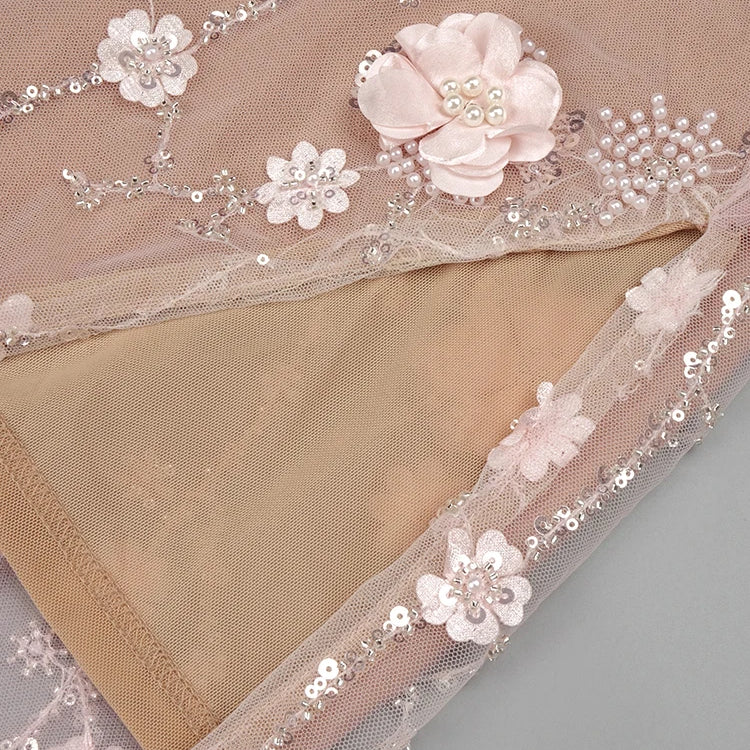 Diamond Beaded Spaghetti Strap Long Dress Pearls Sequins Structured Flowers High Split Sheer Mesh Trendy Celebrity Party Gown