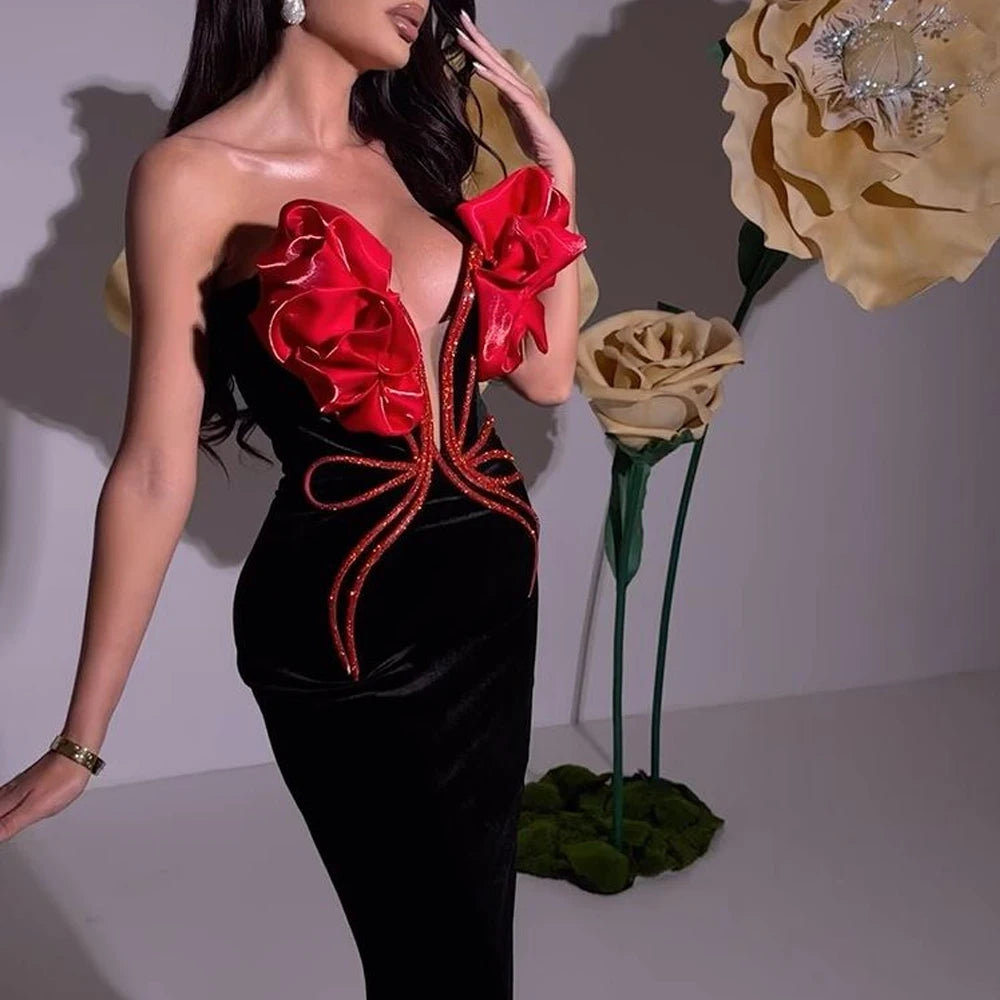 Black Red Florals Sexy Strapless Diamond Line Bodycon Bandage Long Dress Fashion Celebrate Nightclub Party Wear