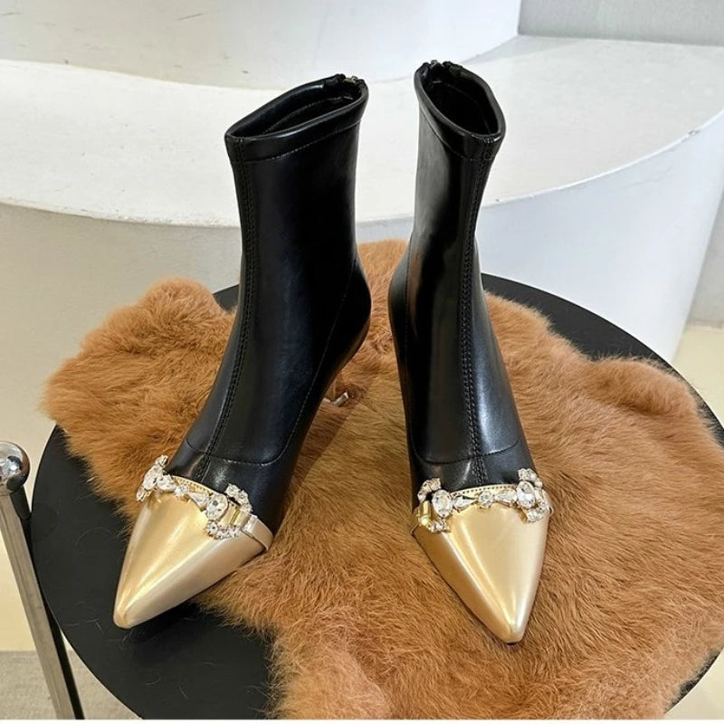 Women's Metal Chain Thin High Heel Pointed Toe Autumn Ankle Boots Metal Belt Rivet Deocration Elegant Ladies Short Boots Hot