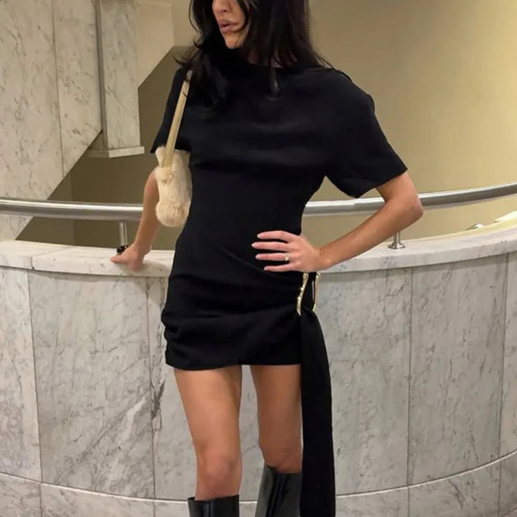 Short Sleeve Draped Sexy Mini Dress For Women Black Metal Buckle O Neck High Waist Bodycon Club Dress Vestido Clothes