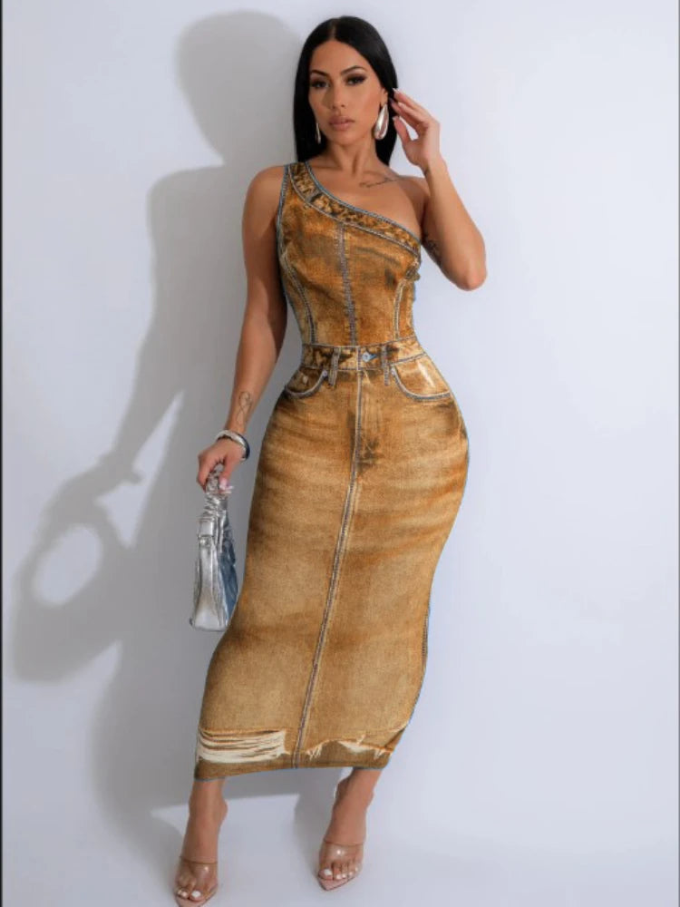 Women Fake Jean 3D Printed One Shoulder Sleeveless Bodycon Midi Maxi Dress 2024 Club Sexy Party Long Dresses Vestido Dark Yellow