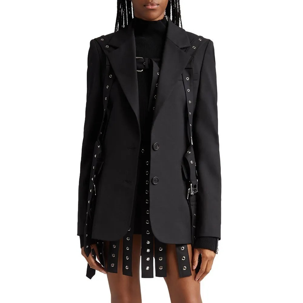 Solid Patchwork Belts Blazers For Women Notched Collar Long Sleeve Patchwork Single Breasted Chic Blazer Female New Black Blazer