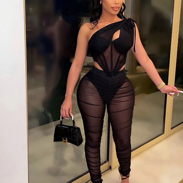 Mesh See Though Women's Set One Shoulder Sleeveless Crop Top and Stacked Pants Suit 2023 Two 2Piece Set Outfit Tracksuit