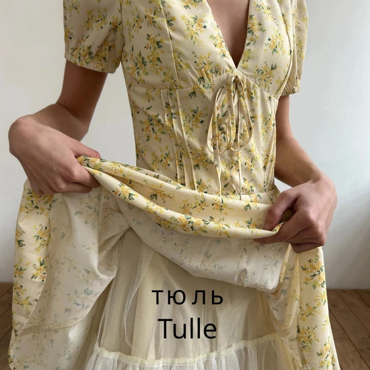 Suninheart Fashion Summer Dresses 2024 Sexy V Neck Puff Sleeve Tulle Dress Fluffy Print Holiday Party Dress Casual A Line Dress pls read size chart