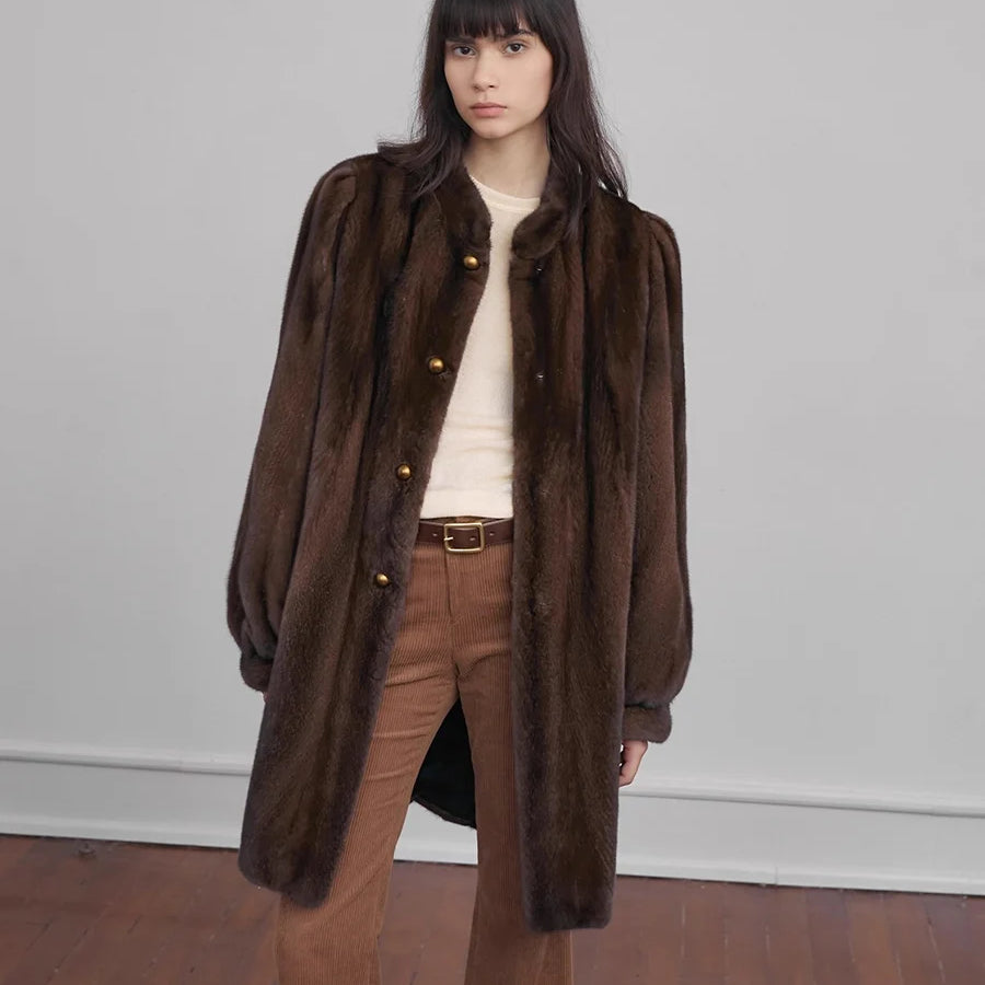 Lautaro Winter Luxury Elegant Thick Warm Fluffy Soft Brown Faux Mink Fur Coat Women Mid-Century Modern Vintage Furry Overcoat Brown