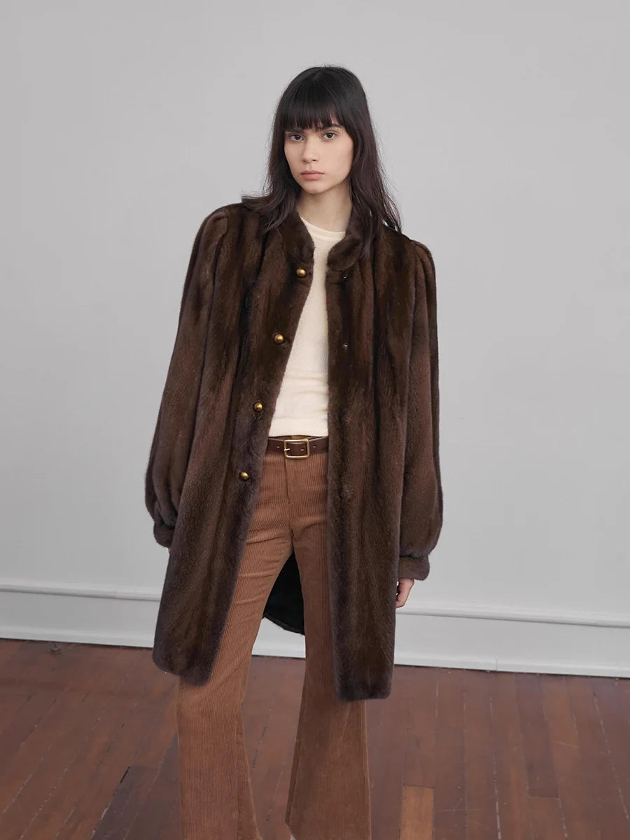 Lautaro Winter Luxury Elegant Thick Warm Fluffy Soft Brown Faux Mink Fur Coat Women Mid-Century Modern Vintage Furry Overcoat Brown
