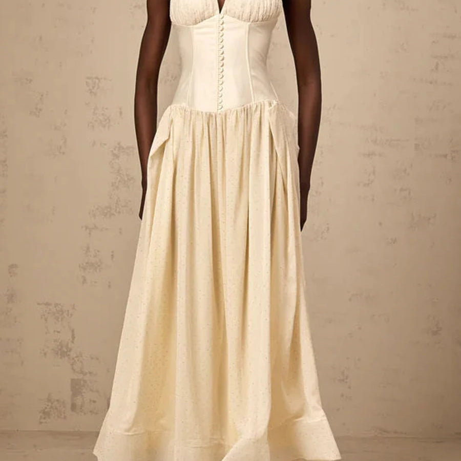 Solid Slimming Temperament Dresses for Women Halter Neck Sleeveless Patchwork Folds Tunic Elegant Dress Female New APRICOT