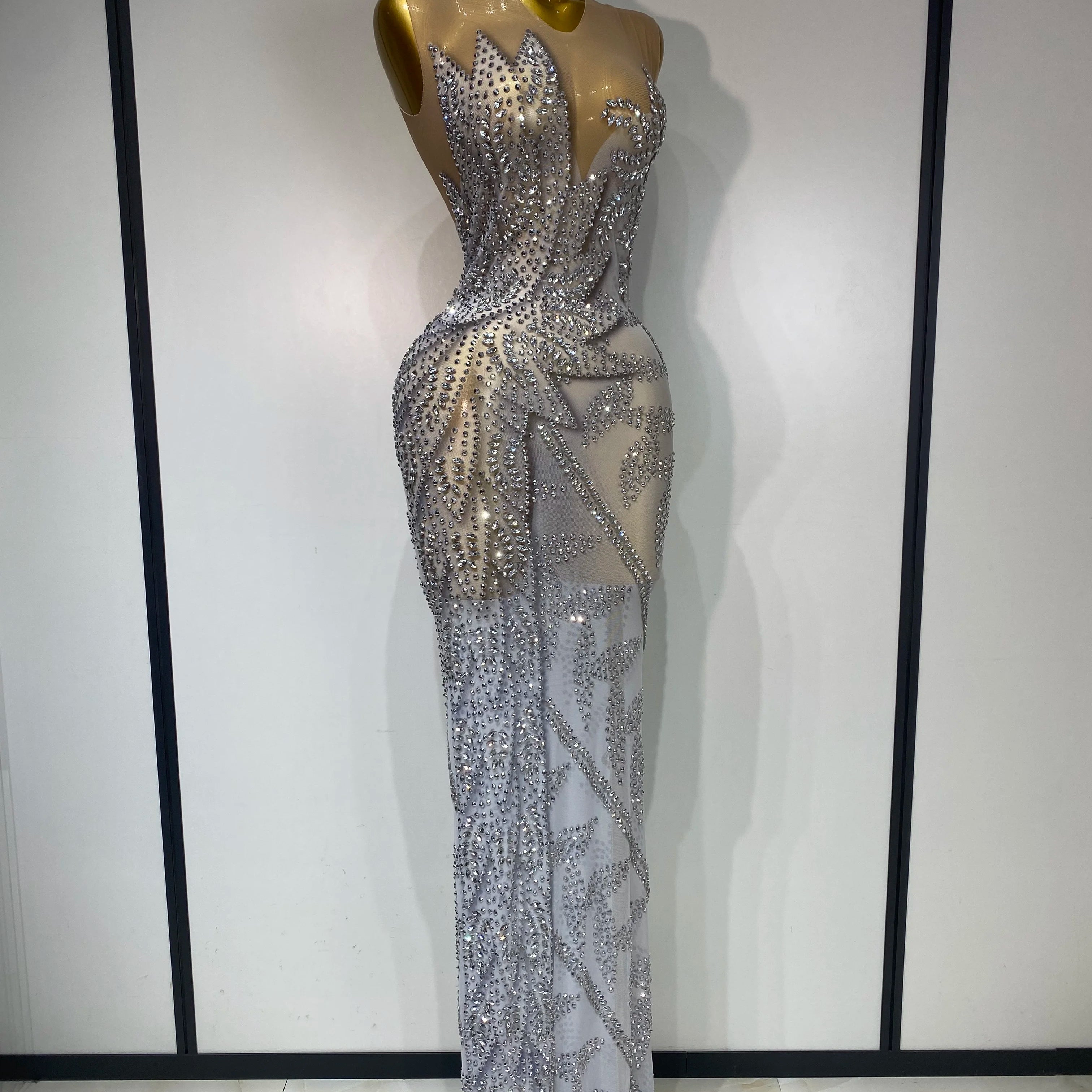 Luxury Rhinestone Sleeveless Silver Long Dress Women Sexy Mesh See Through Evening Prom Birthday Photo Shoot Singer Stage Outfit