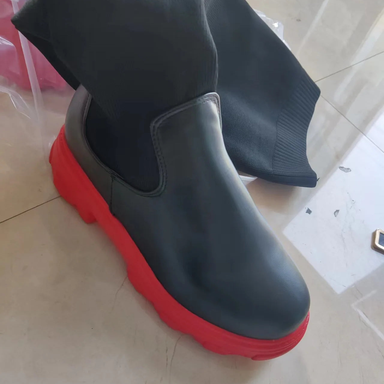 Women's Cotton Boots Winter Autumn Over The Knee Long Tube Leather Knitted Stitching Boots Fashion Female shoes red sole