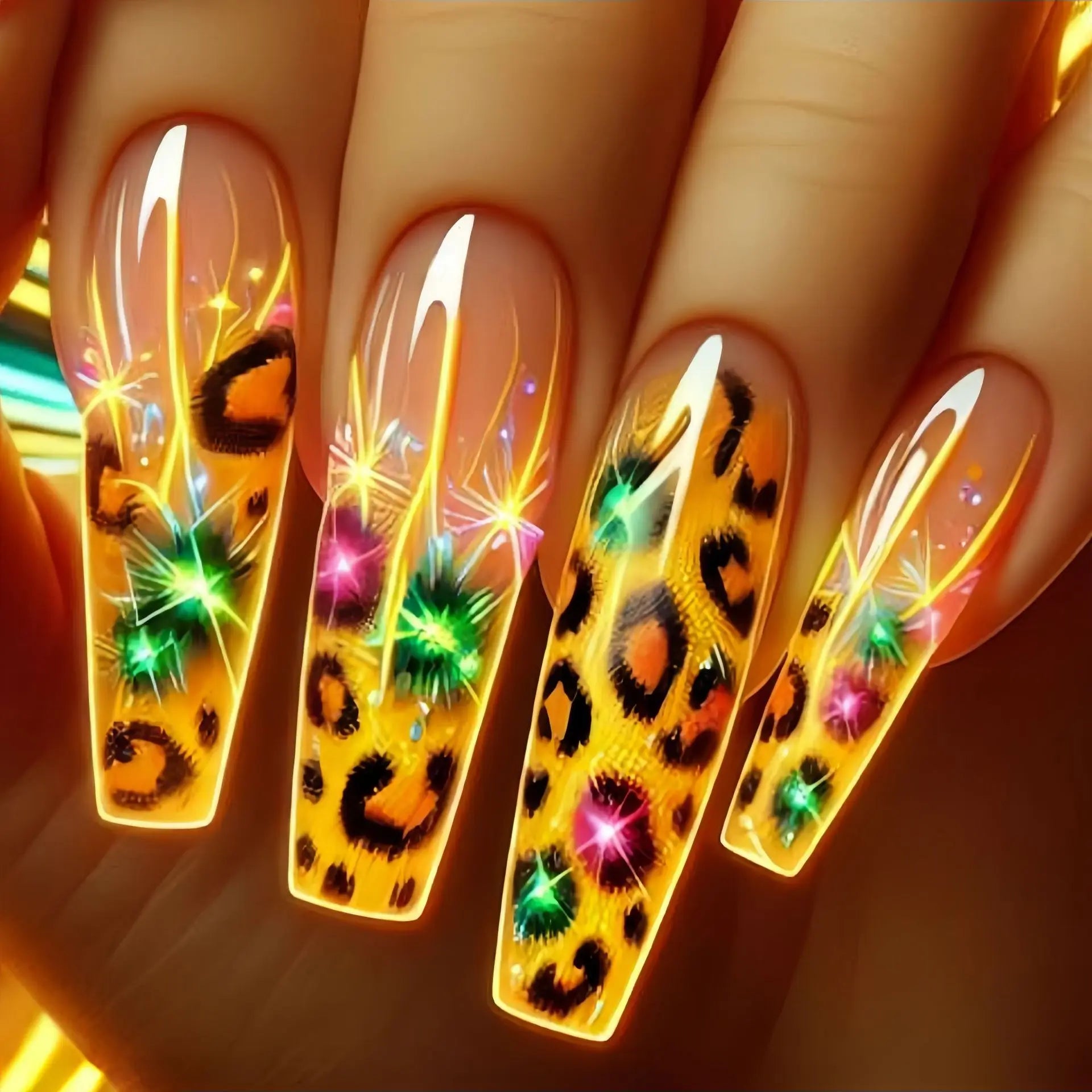 24pcs/set Short medium long fake nails colorful gradient Y2K sunset heart leopard print square ballet tips press on false nail 2145