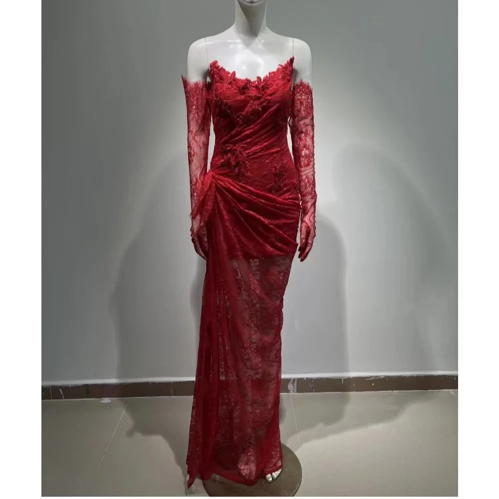 Vintage Black Color Women Off the Shoulder Sexy Lace High Split Bodycon Long Dress Elegant Evening Party Cocktail Dress Red