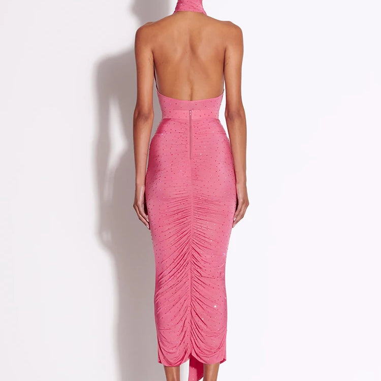 Elegant Sleeveless Halter Ribbon Ruched Details Backless Body Suit With Beaded Maxi Long Skirt Two Pieces Set Casual Wearing