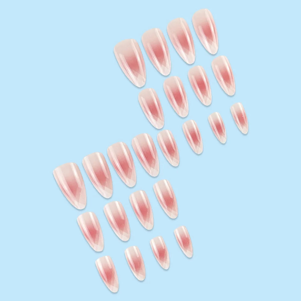 24pcs French Almond Fake Nail Sweet Pink White Gradient False Nail Tips for Lady Women Wearable Ins Simple Korean Press on Nails