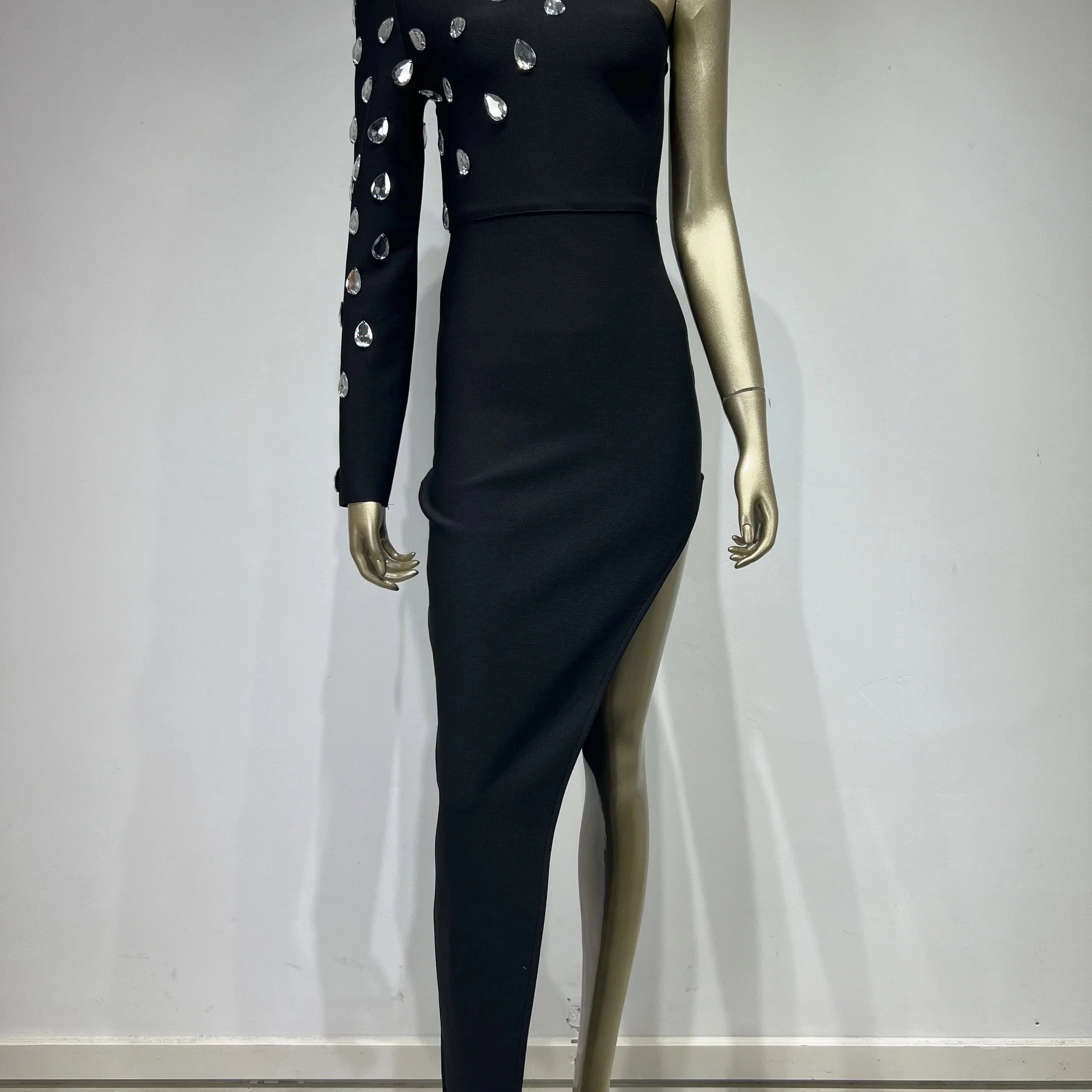 Women Celebrity Sexy Single Sleeve Rhinestone Black Maxi Long Bodycon Bandage Dress Elegant Evening Club Party Dress