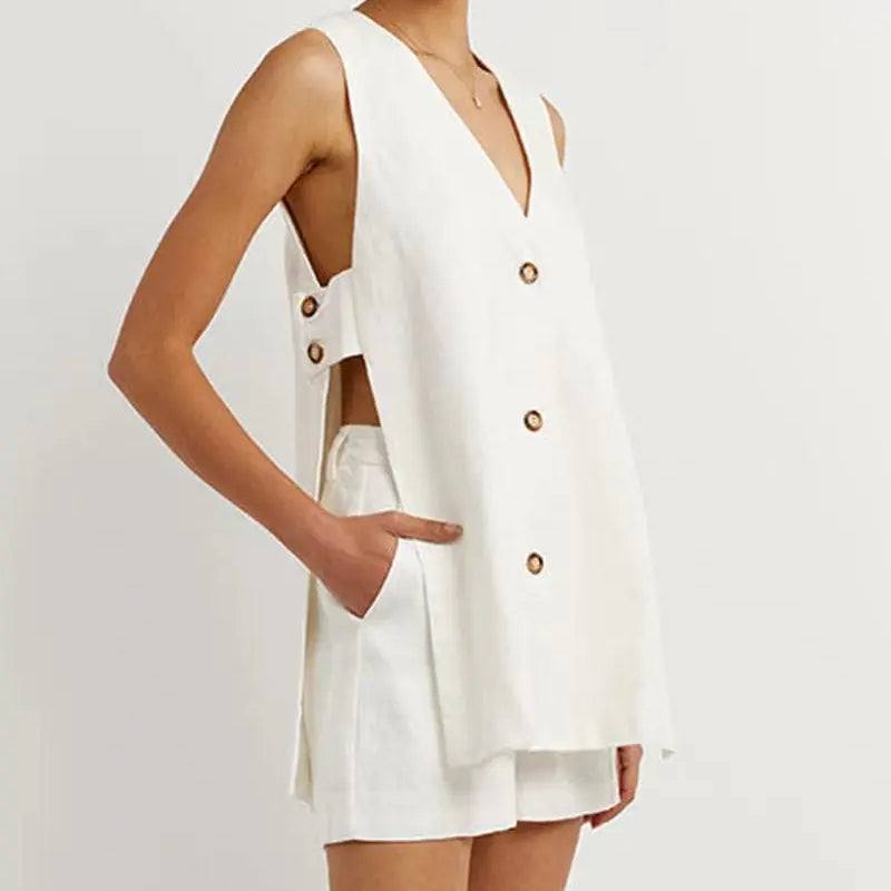 New 100% Cotton Women Suits 2 Pieces Sets V Neck Sleeveless Buttons Vest Blazer+High Waist Shorts Lady Office Tracksuit White