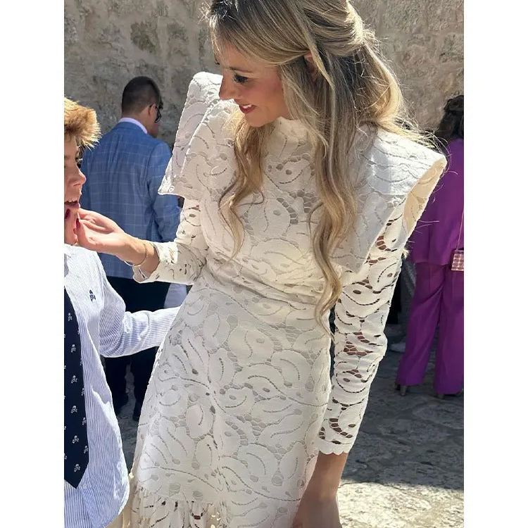 Elegant Hollowed Lace Maxi White Dress Women Fashion Mock Neck Long Sleeved Shoulder Padded Robes 2024 Evening Women's Clothing