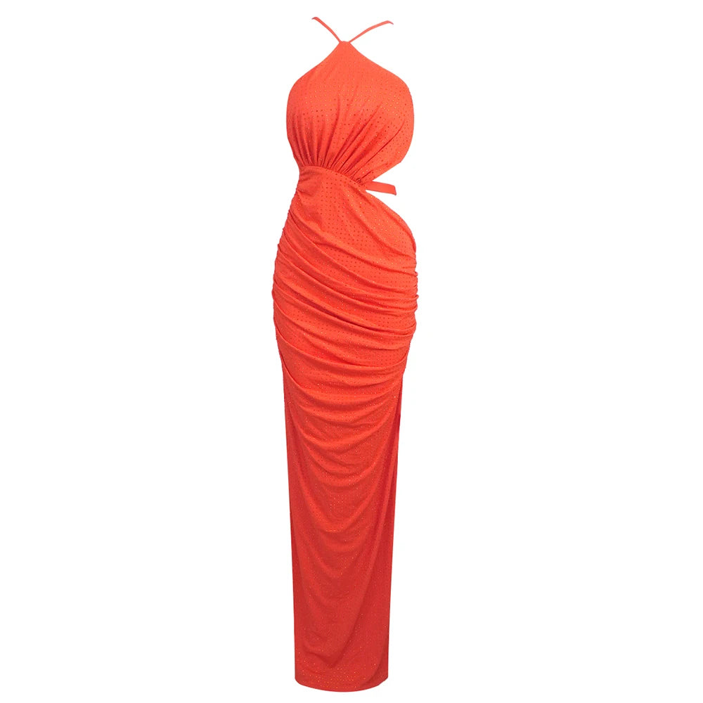 Orange Halter Sleeveless Cut Out Log Dress Diamonds Maxi Bodycon Elegant Party Evening Stage Performance Vestido Orange