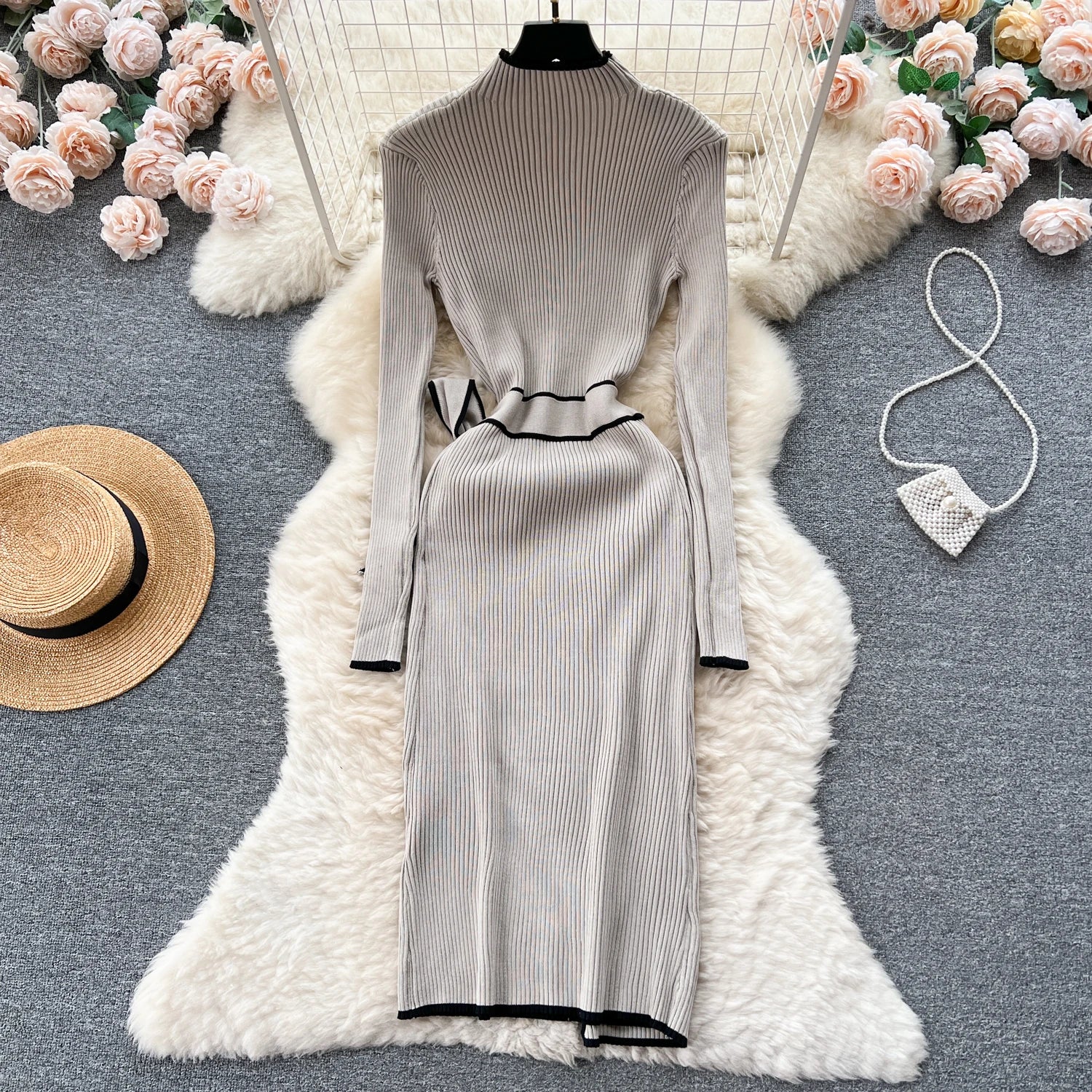 Women Knitted Dress Autumn Winter Slim Lace-up Long Sleeve Bottoming Black Sweater Dress Elegant Office Lady Vestidos
