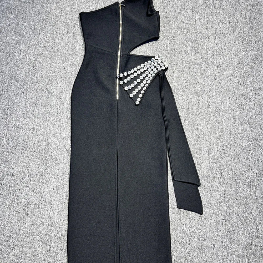 2024 Sexy Women's Light Luxury Nail Diamond Bandage Dress One Shoulder Slant Neck Bodycon Waist Long Dress Evening Party Vestido