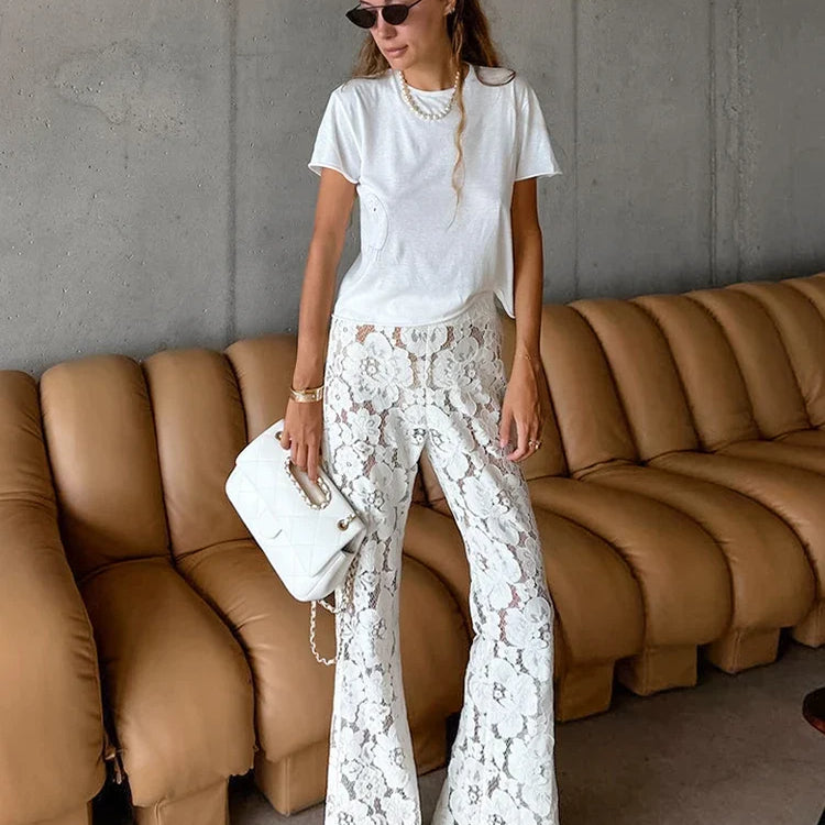 Mnealways18 Sexy Perspective White Flare Pants Summer Women Vacation High Waist Long Trousers Lace Beach Style Female Pants