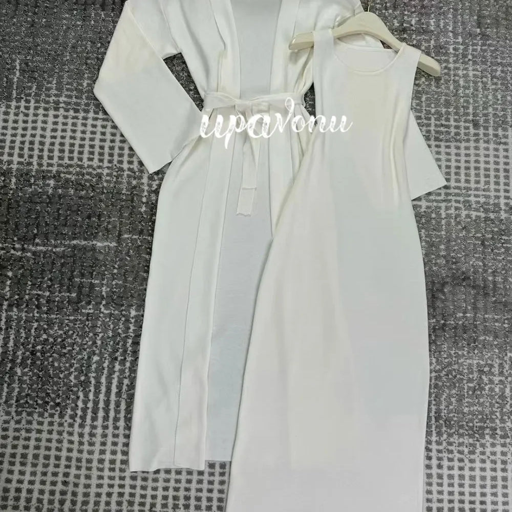 Women's Knitted Long Dress Sets with Polo Collar Long Sleeves Waistband Tie up Cardigan Long Coat+Sleeveless Dress Two Piece Set WHITE