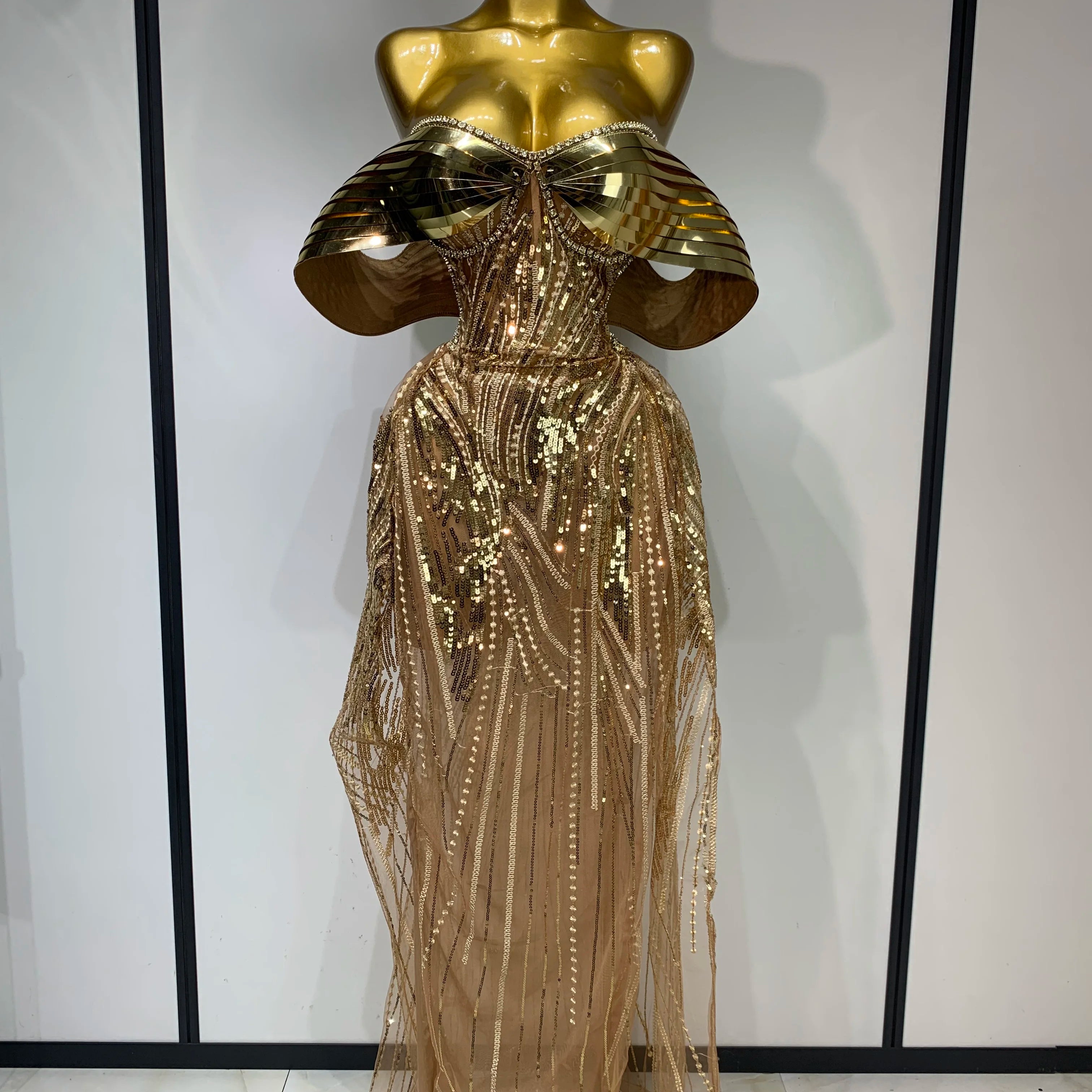 Sparkly Gold Long Dress Luxury Rhinestone Sequins See Thourgh Birthday Gown Sexy Off Shoulder Performance Singer Costume Gold