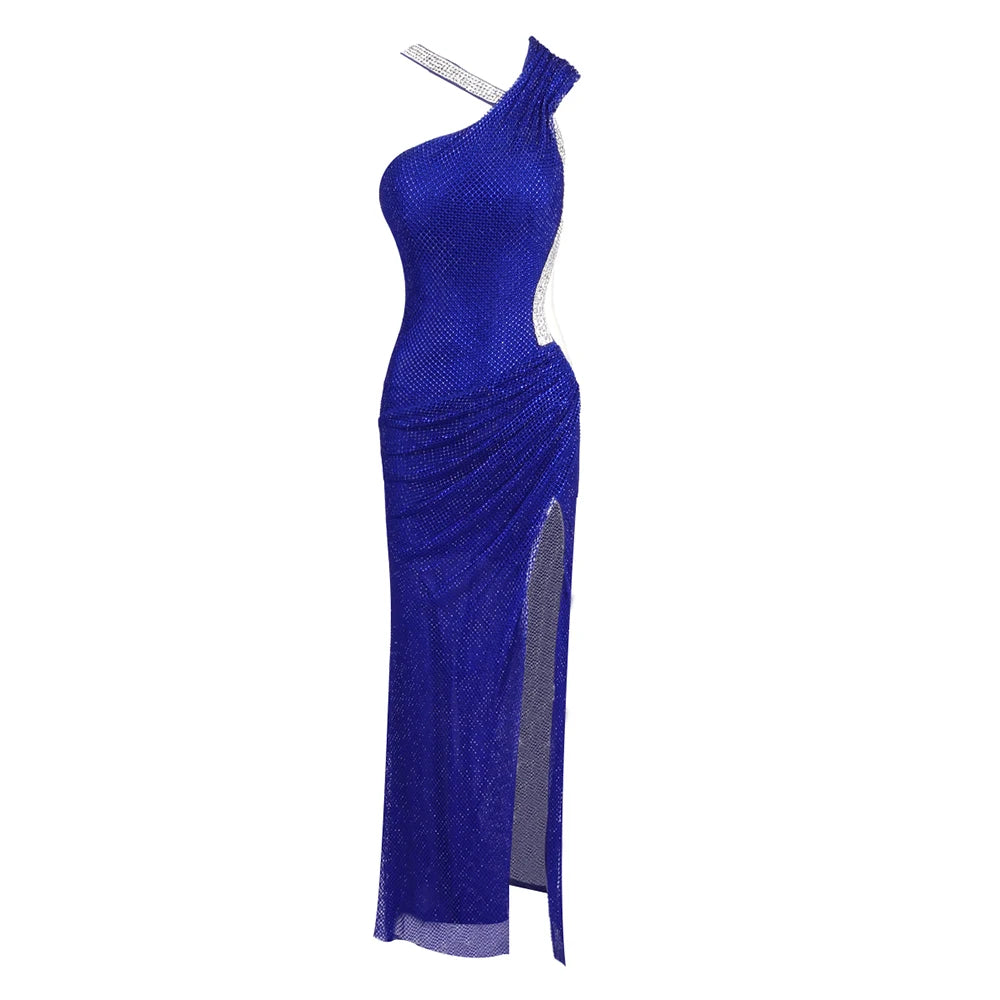Gorgeous Blue Sequin Crystal One-Shoulder Cut-out High Slit Details Dress Evening Gown Blue
