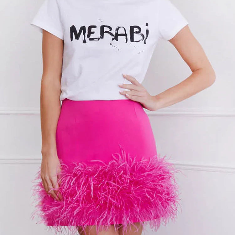 DEAT Spliced Feather Skirt Women Elastic Waist Slim Short Style Sexy Solid Color New Fashion Versatile Female 33A034