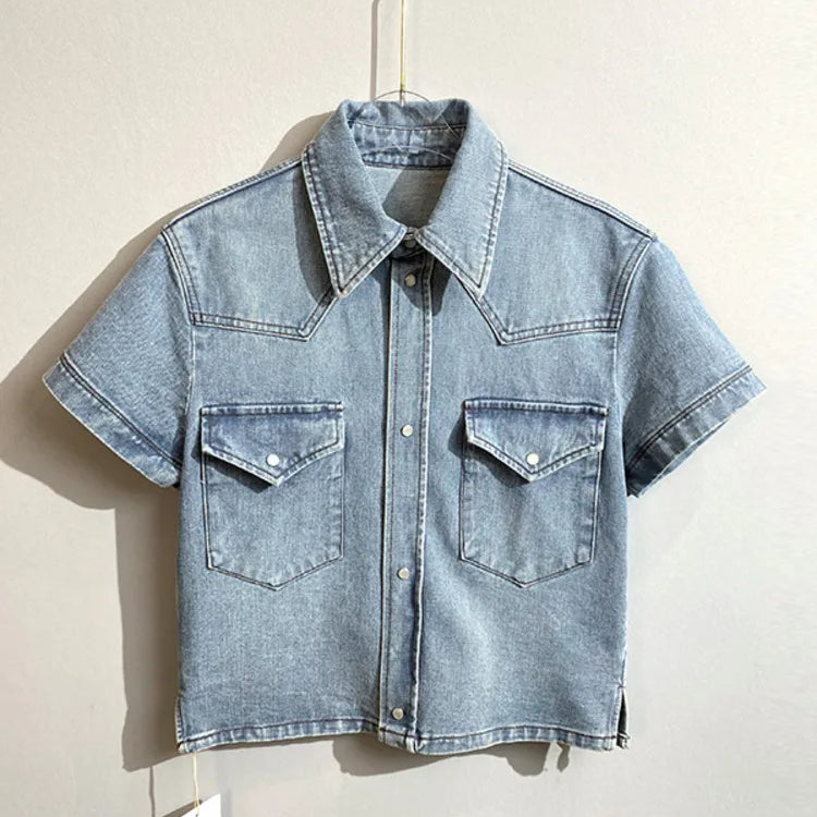 LUXE&ENVY Market Spring/Summer New Washed Old Cowboy Shirt Half Sleeve Single breasted Short sleeved Shirt Versatile Top