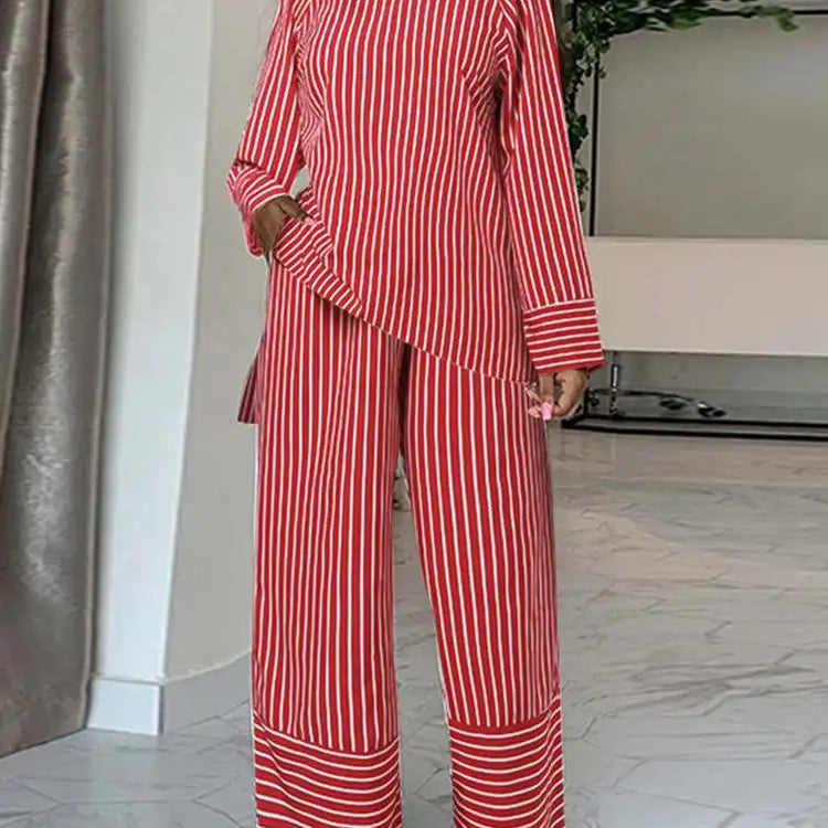 Plus Size 5XL VONDA Women Stripe Pant Sets 2024 Summer Fashion Long Sleeve Tops and High Waist Pants Casual Loose Elegant Suit Red